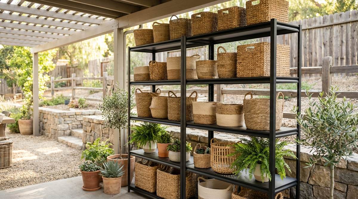 Natural fiber baskets in various sizes and weaves, such as seagrass, rattan, jute, and bamboo, arranged on open industrial shelving. They provide concealed storage, adding textural warmth and bohemian character to utilitarian storage systems, contrasting beautifully with metal frameworks in a neutral palette for industrial boho decor.