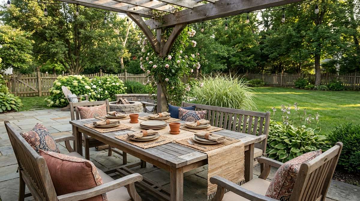 Handwoven raffia palm fiber placemats and table runners showcasing authentic African craftsmanship with natural texture and neutral tones, perfect for layering with colorful elements in Afro Boho outdoor dining settings.