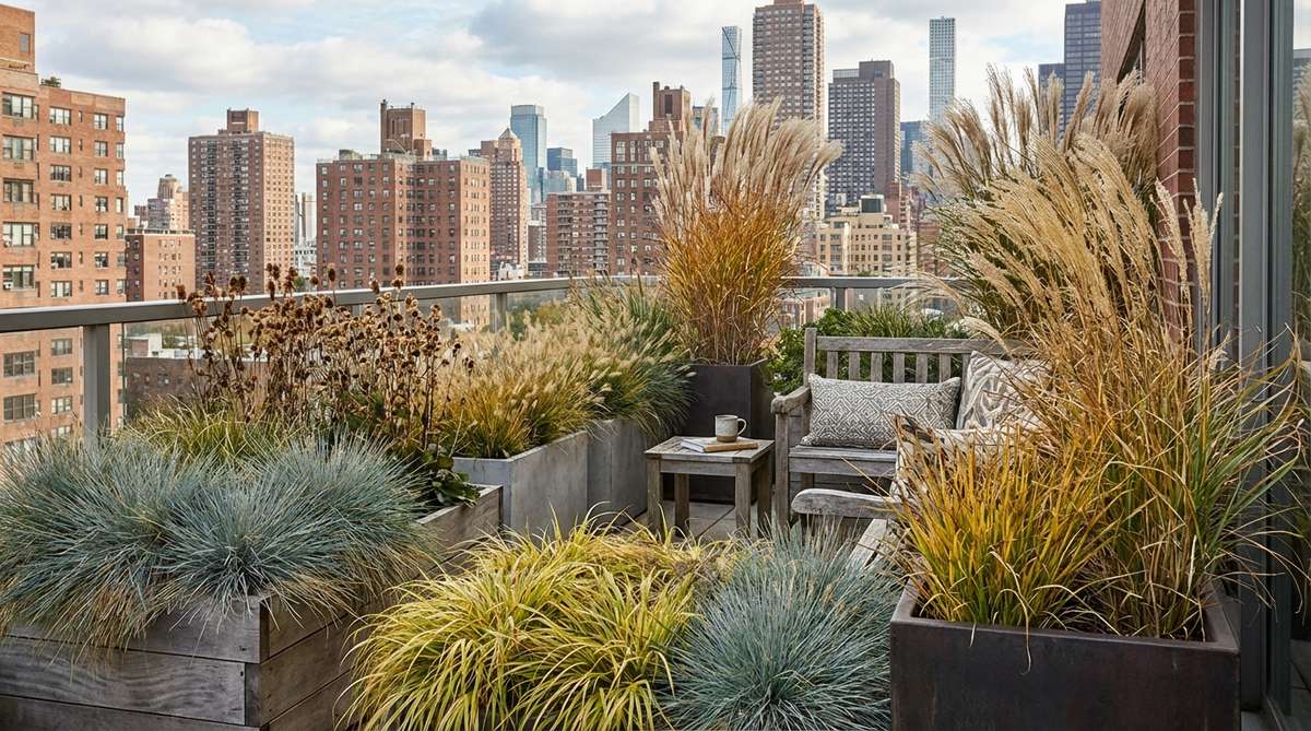 A vibrant image showcasing perennial ornamental grasses such as blue fescue, Japanese forest grass, and feather reed grass thriving on a high-rise balcony in New York City. The grasses display their four-season appeal with spring growth, summer plumes, golden fall foliage, and persistent tan seed heads in winter, highlighting their low-maintenance and wind-resistant qualities ideal for urban balcony gardens.