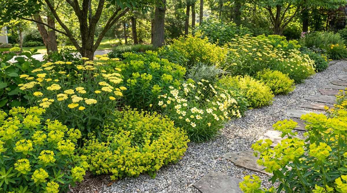 A gravel garden bed featuring a cheerful yellow-chartreuse border with Achillea 'Moonshine', golden oregano, Coreopsis verticillata 'Moonbeam', and Euphorbia × martini plants creating vibrant color harmony. The combination brightens shaded edges with flat yellow flower heads and chartreuse foliage weaving together.