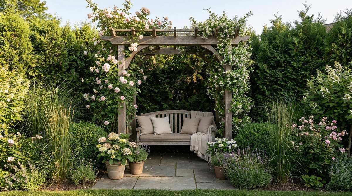 A cozy alcove bench with an arbor in a small garden, featuring planted screens on three sides for privacy and climbing plants like roses or jasmine trained over the arbor to create a fragrant, secure seating area.