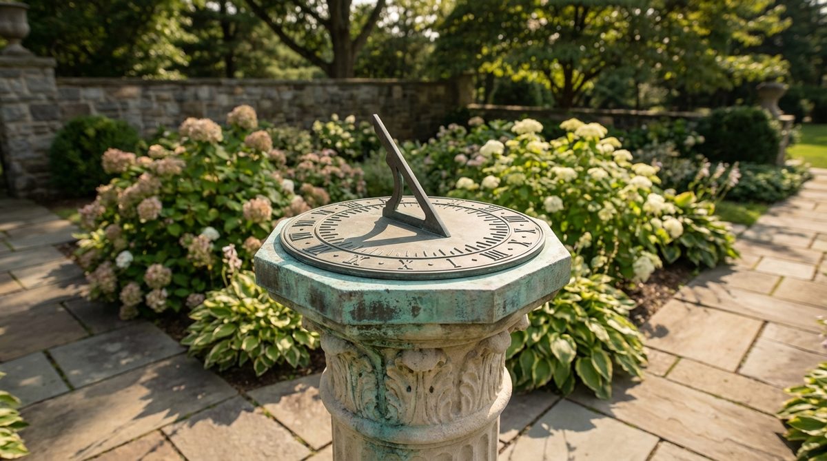 A vintage bronze sundial mounted on a classical stone pedestal in a sunny garden. The sundial shows detailed engraved hour markers and a gnomon casting a shadow, with weathered verdigris patina adding antique charm. This functional timepiece serves as an elegant focal point in garden decor.