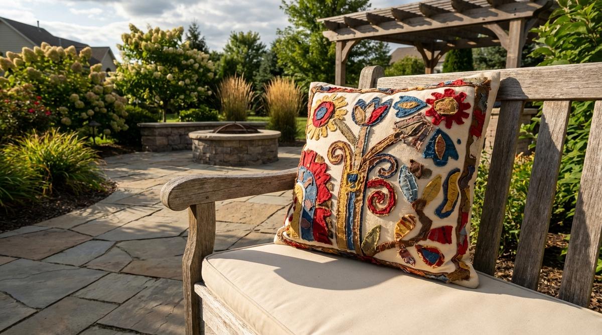 A boho decor pillow featuring layered fabric scraps appliqued onto a base cushion, creating dimensional folk-art designs with bold shapes and contrasting colors. The raised applique elements catch changing shadows throughout the day and provide tactile appeal that distinguishes it from printed alternatives.