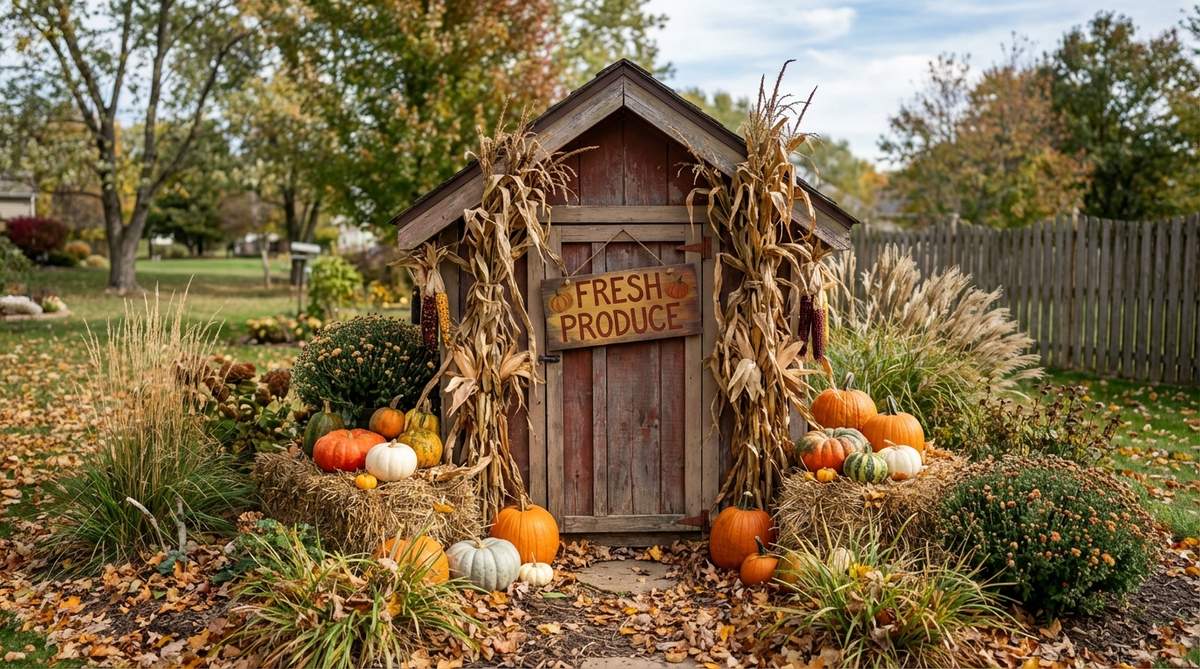 A miniature garden shed decorated for autumn with corn stalk bundles, pumpkins, gourds, and a 'Fresh Produce' sign in harvest gold or russet tones, ideal for fall fairy gardens and seasonal displays.