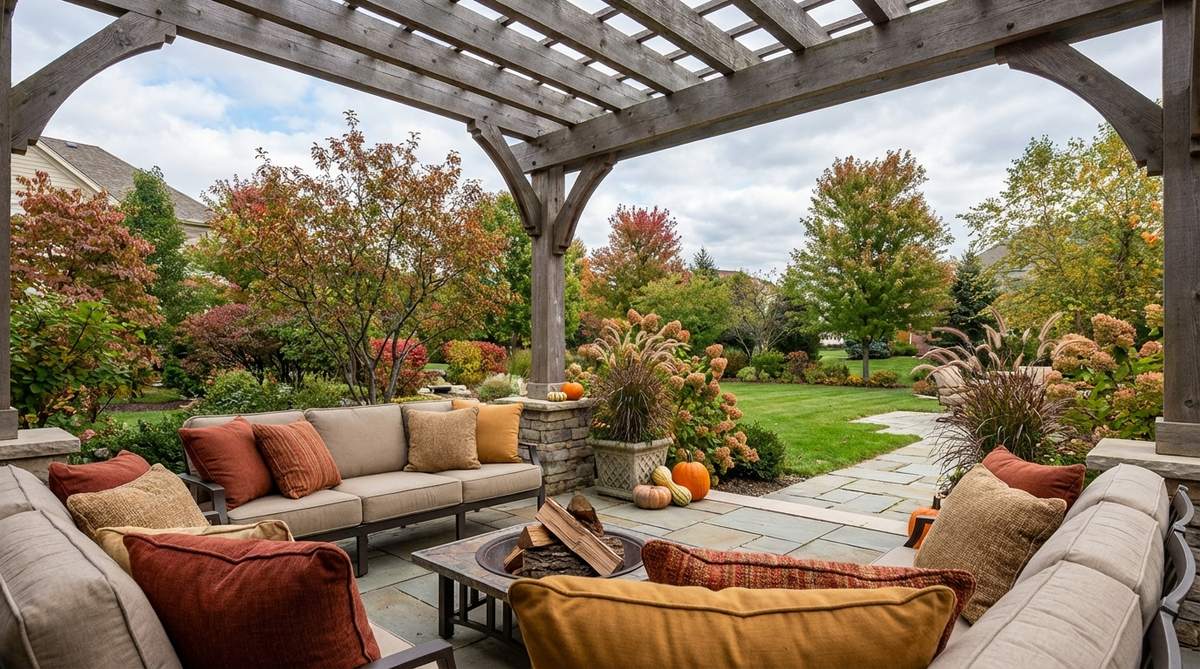 Rust, burnt orange, and deep gold outdoor decor pillows transitioning spaces from summer to fall, complementing changing foliage and cooler weather.