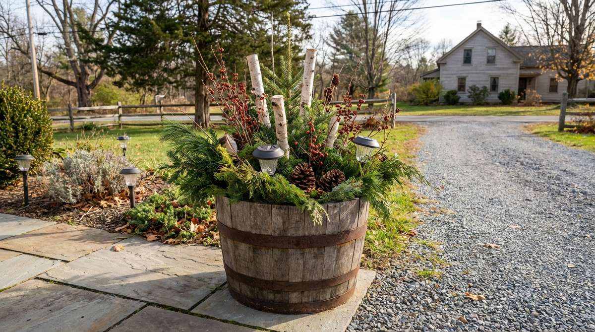 A rustic whiskey or wine barrel half planter filled with large-scale evergreen installations, mixed with cut branches, berry stems, and birch logs, featuring solar-powered stake lights for nighttime visibility. Positioned at a driveway entrance or patio edge to anchor landscape zones in country, farmhouse, or cottage garden styles.
