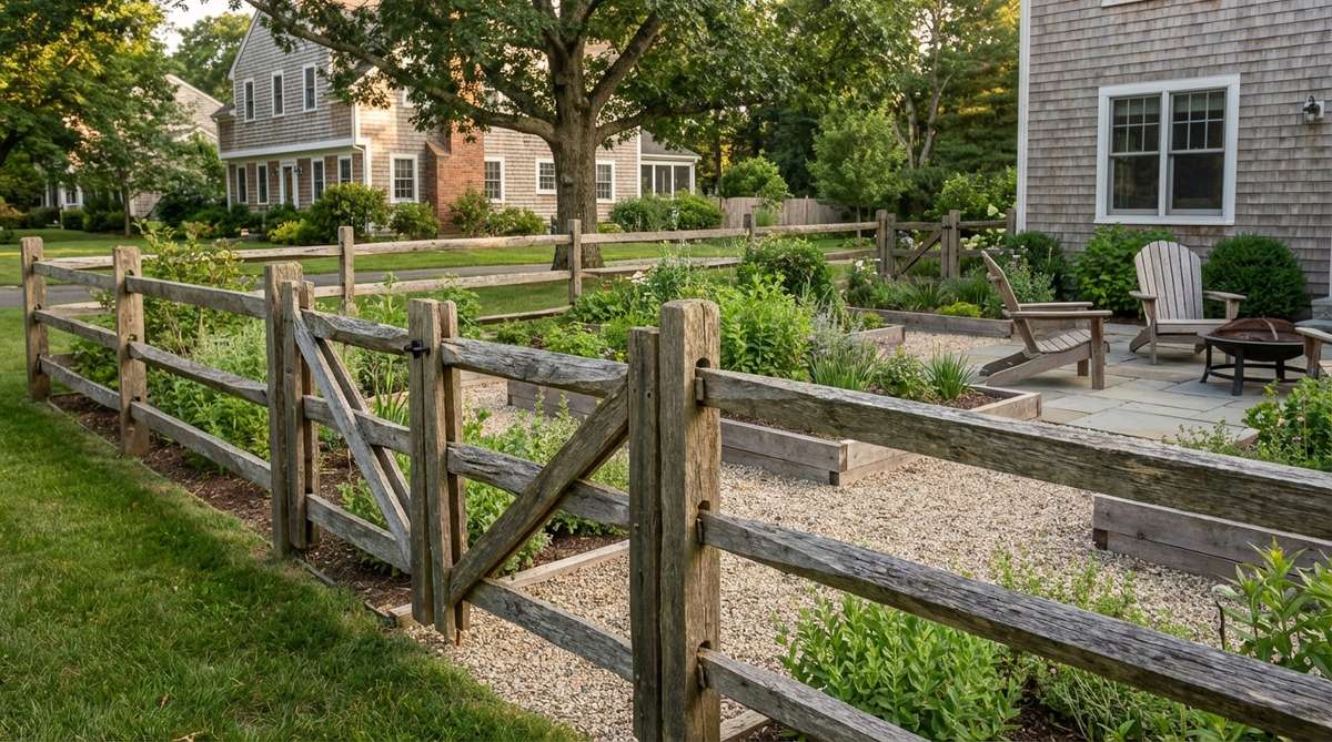 A durable black locust wood fence in a garden setting, showcasing its natural rot-resistant properties for sustainable, long-lasting fencing without chemical treatments.