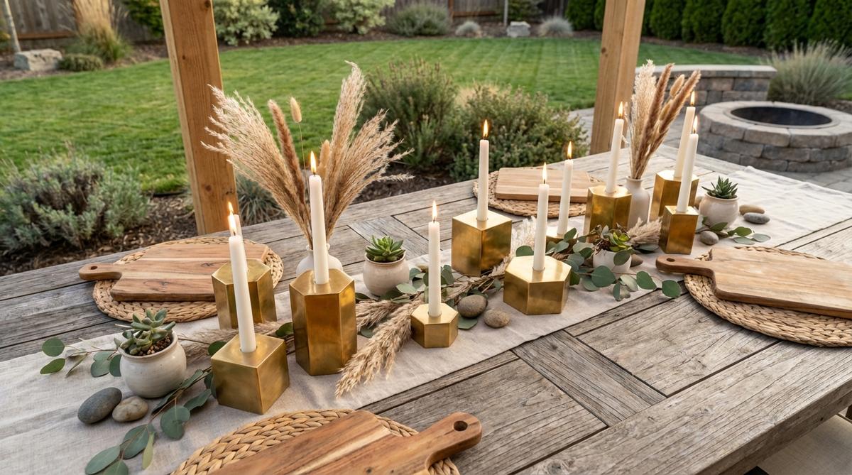 Modern brass geometric candleholders with warm gold tones that catch and reflect light, perfect for boho party decorations. These metallic accents complement natural wood and organic materials, creating dimensional arrangements with varied heights for visual interest on table centers.