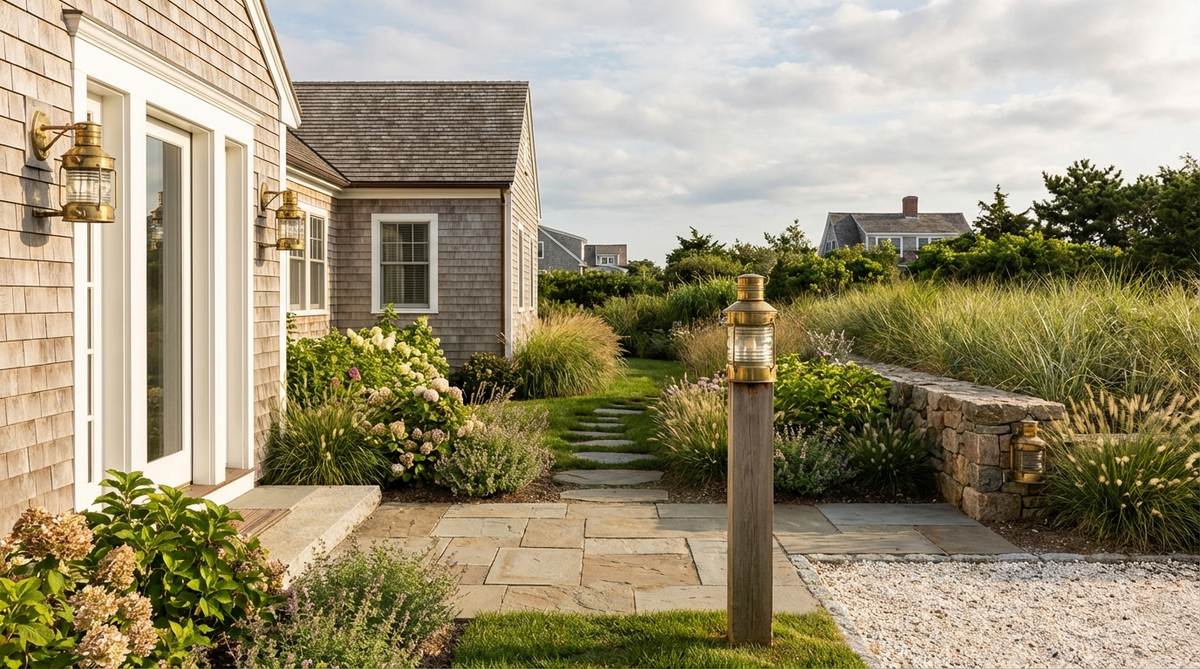 Traditional maritime lanterns in solid brass or brass-finish aluminum, designed for coastal outdoor decor. Features enclosed glass to protect from wind and durable metal construction resistant to salt air. Perfect for mounting by doorways, along walkways, or on posts, complementing wood siding and natural materials in summer coastal settings.
