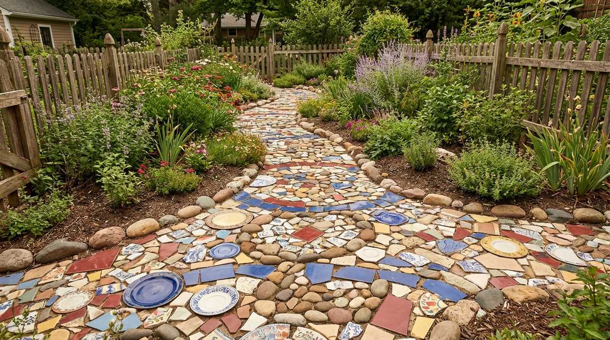 A colorful sustainable mosaic made from mismatched ceramic fragments and natural stones, repurposing damaged dishware and tiles into a unique artistic expression with bohemian character for cottage gardens and eclectic landscapes.