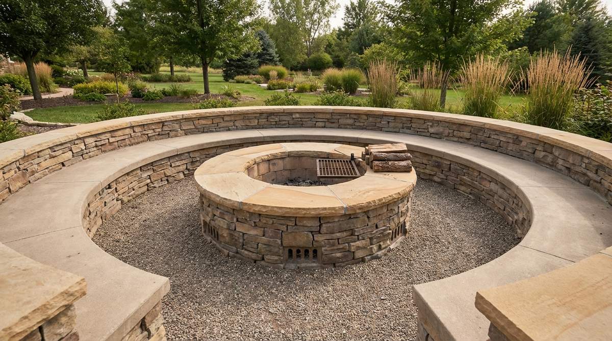A permanent stone or concrete fire ring surrounded by integrated benches, creating a circular conversation area in an outdoor landscape. Features heat-resistant coping stones and can be designed for natural gas or wood burning with proper ventilation.