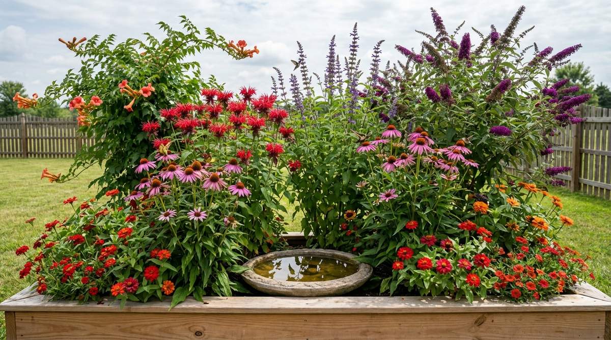 A vibrant raised garden bed filled with nectar-rich flowers in reds, oranges, and purples, including trumpet vine, salvia, bee balm, coneflowers, and butterfly bush. The plants are layered by height with taller varieties in the center, and a shallow birdbath provides water for butterflies and hummingbirds, creating a pollinator paradise for close wildlife viewing.