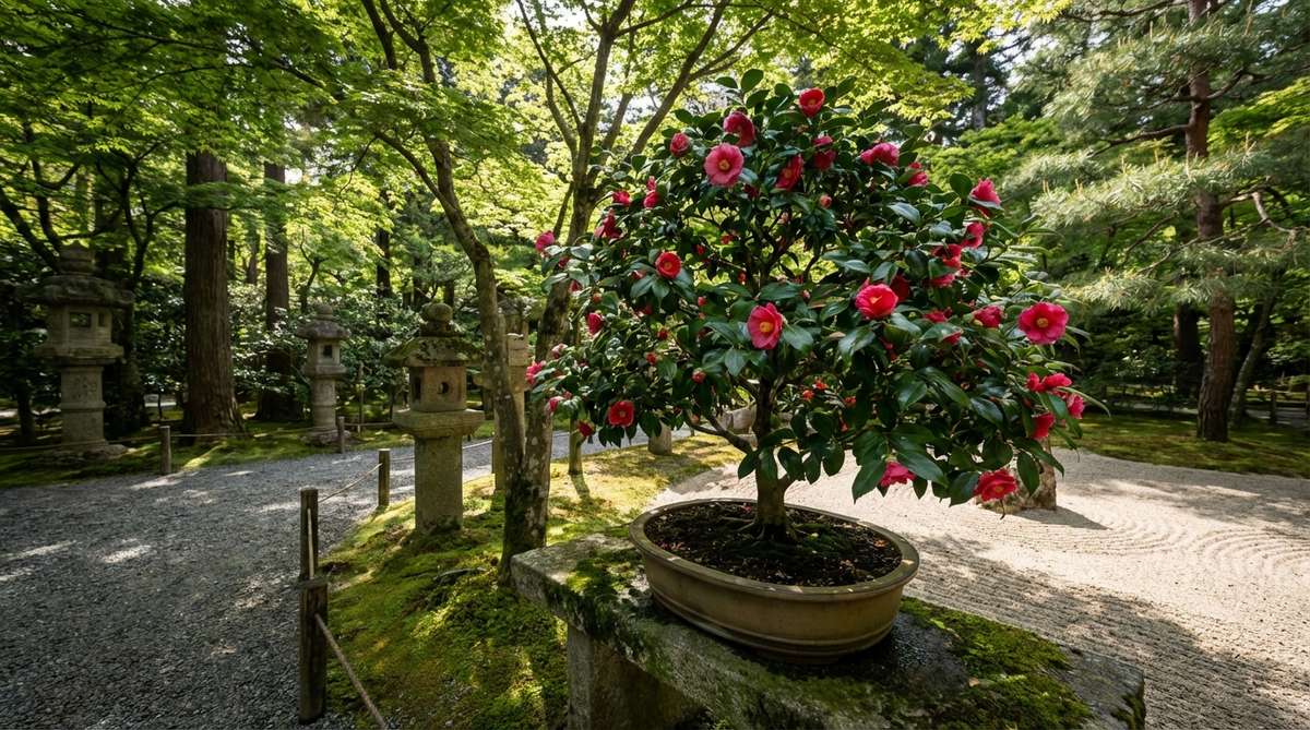 A Camellia Japonica bonsai tree with glossy evergreen foliage and bright winter to spring flowers, thriving in acidic soil and shade in a Japanese garden setting.