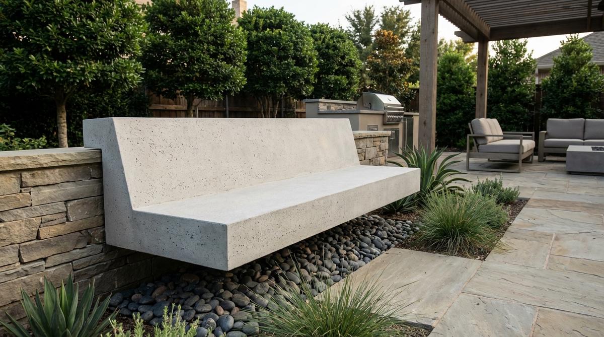 Modern cantilever concrete bench with floating appearance, projecting from a wall without visible legs. Features geometric simplicity and durable construction for permanent garden installation.