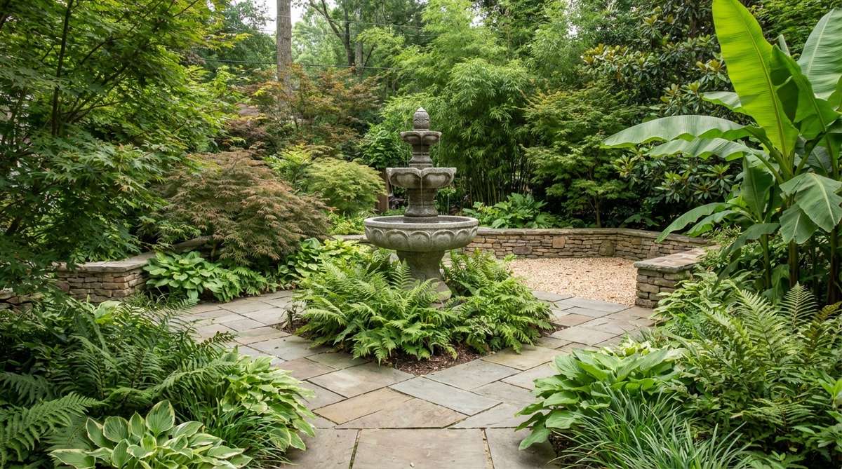 A sculptural carved stone fountain serving as a focal point in a tropical garden, surrounded by lush plantings and positioned at a path intersection or courtyard center, with Asian-inspired or naturalistic designs for visual balance.