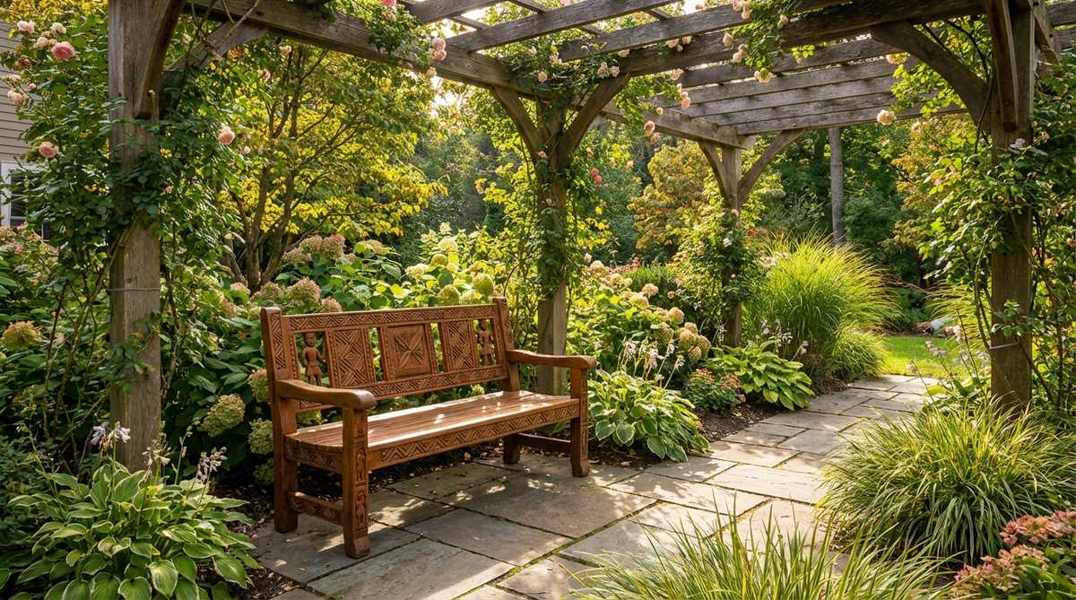 A hand-carved wooden outdoor bench featuring traditional African motifs, showcasing deep grain wood in a natural finish. This functional garden bench serves as artistic seating, ideal for placement along pathways or beneath pergolas to create conversation areas.