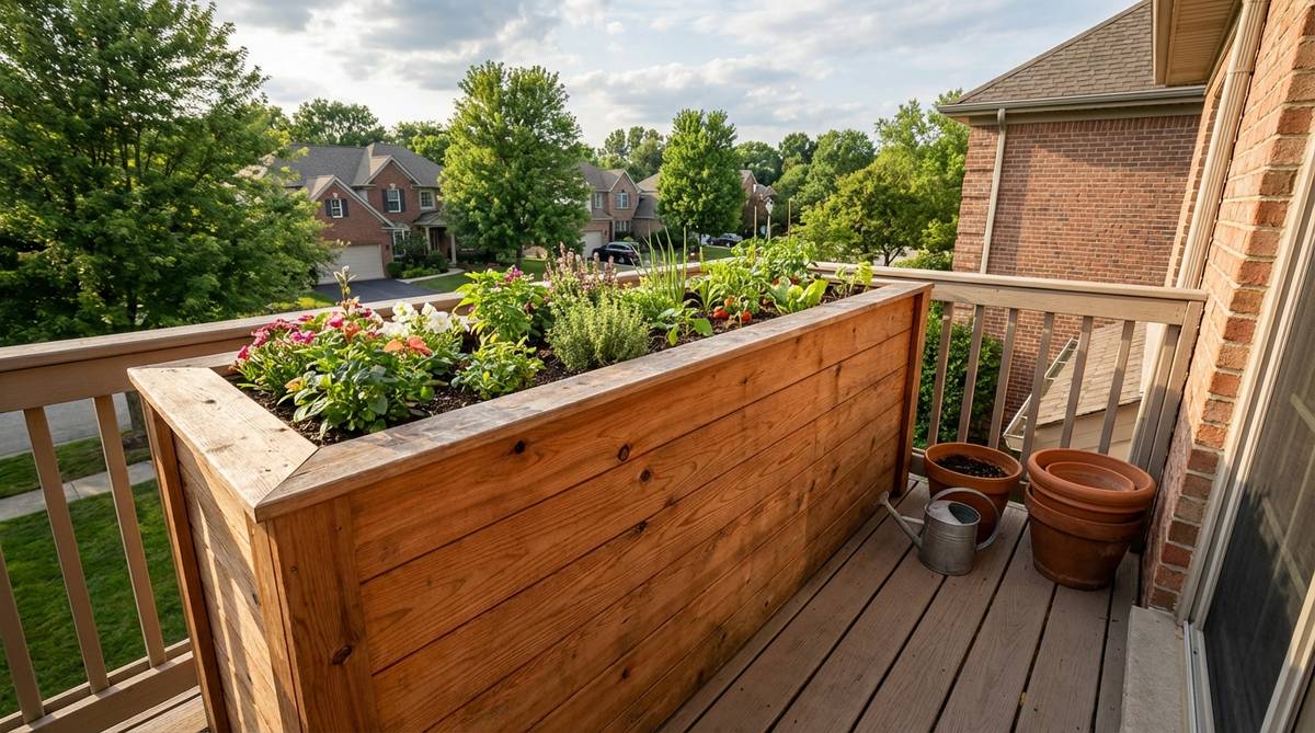 A Western red cedar planter box on a balcony, showcasing the wood's natural resistance to rot and insects, lightweight construction suitable for weight-restricted spaces, and custom sizing options for balcony gardens.