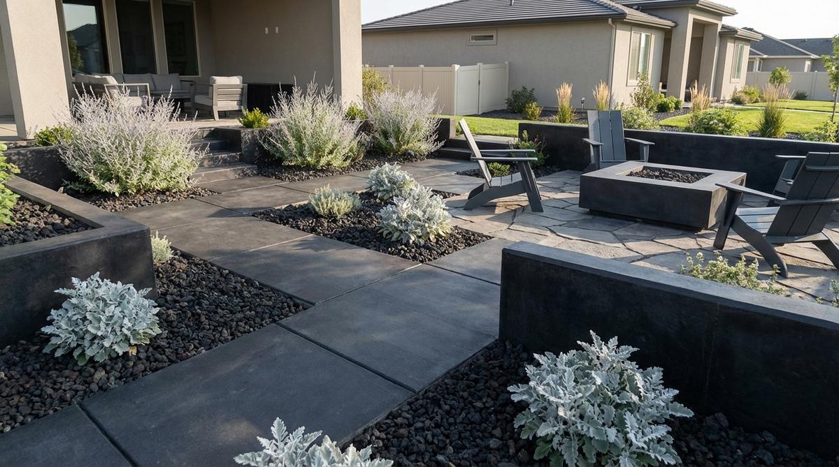 A dramatic monochrome landscape featuring charcoal-tinted concrete and black lava rock ground cover, designed for modern zen gardens. This composition uses integral concrete pigment at 10% by weight for consistent dark coloring, which absorbs heat and reduces glare in sunny locations. Contrasted with silver-gray foliage plants like artemisia or dusty miller, it creates a sophisticated, urban-friendly environment ideal for bold statements in contemporary settings.