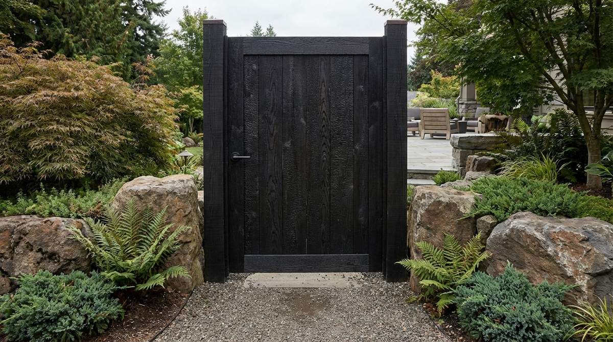 A Japanese garden gate made from cedar wood treated with the traditional shou sugi ban technique, featuring a blackened, textured surface with visible grain, showcasing a blend of ancient preservation methods and modern design.