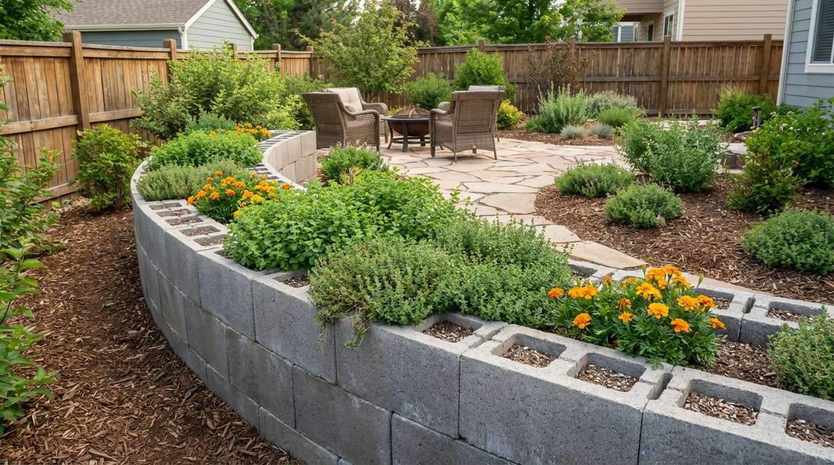 A garden design featuring concrete masonry blocks stacked to form sturdy bed walls, with hollow cores used as planting pockets for herbs and trailing flowers like thyme, oregano, and dwarf marigolds, maximizing growing space in small backyards.