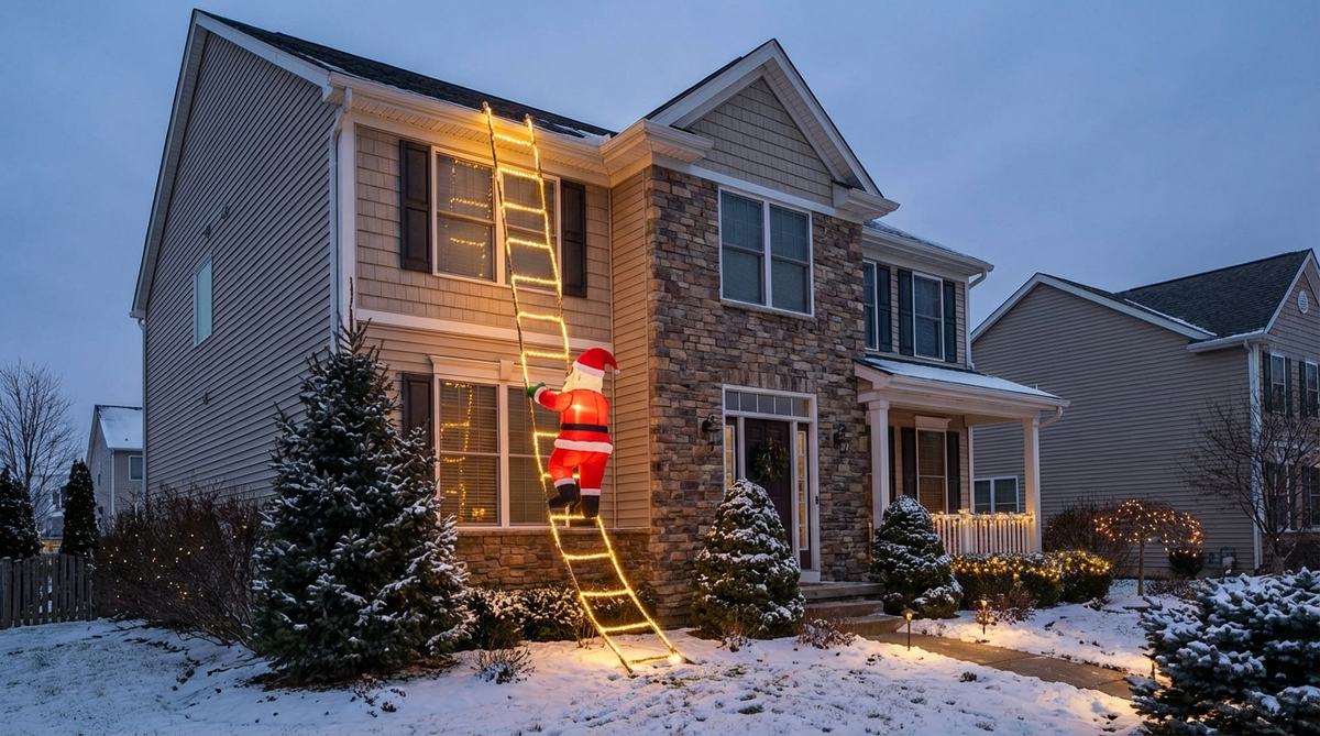 A lighted rope ladder with a Santa figure climbing up to the roof, creating playful vertical interest for multi-story homes in outdoor Christmas decor. This whimsical setup suggests active holiday preparation and adds a festive touch by drawing eyes upward to appreciate the home's full height.