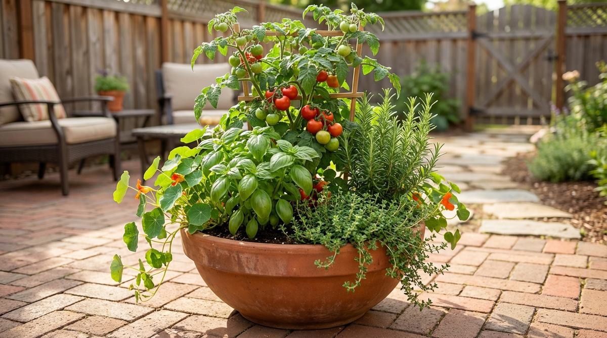 A close-up photo of a large container garden bowl showcasing companion planting, featuring deep-rooted tomatoes paired with shallow basil and structural plants with trailing companions. The image highlights how interplanting maximizes productivity in small spaces, with species selected for compatible water and nutrient needs, ideal for urban or compact garden settings.