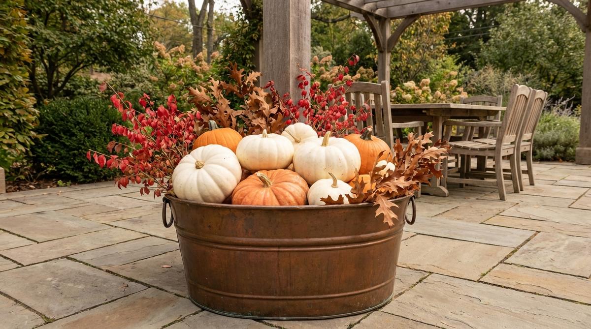 A large copper or brass tub filled with white and orange pumpkins, accented with copper-toned foliage like burning bush branches and oak sprays, creating a warm, metallic centerpiece ideal for patios or dining areas in autumn.