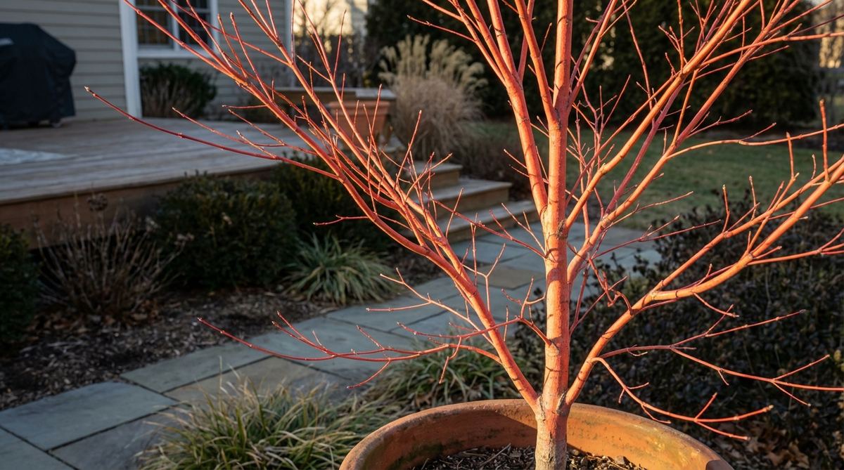 A close-up of the coral-red stems of a Coral Bark Maple tree glowing in winter sunlight, with a small garden setting in the background, highlighting its upright growth and suitability for containers.