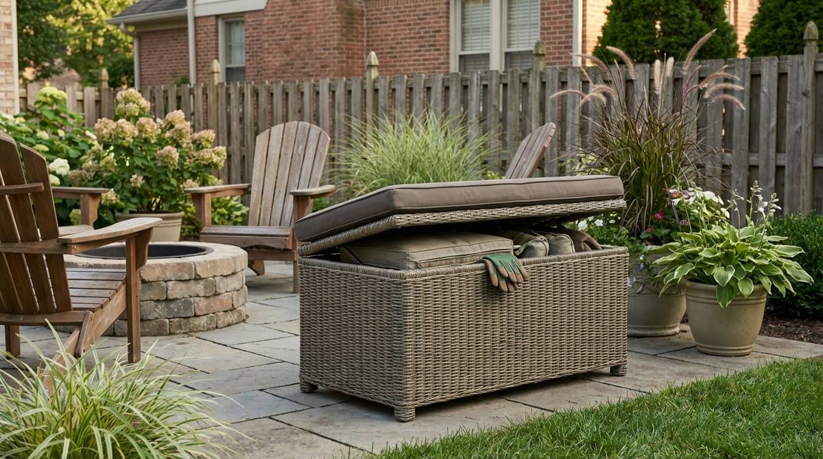 A corner shelving unit installed above a built-in bench, providing vertical storage for planters, decorative items, and gardening supplies, with waterproof bins to keep items organized and tidy in a cozy garden setting.