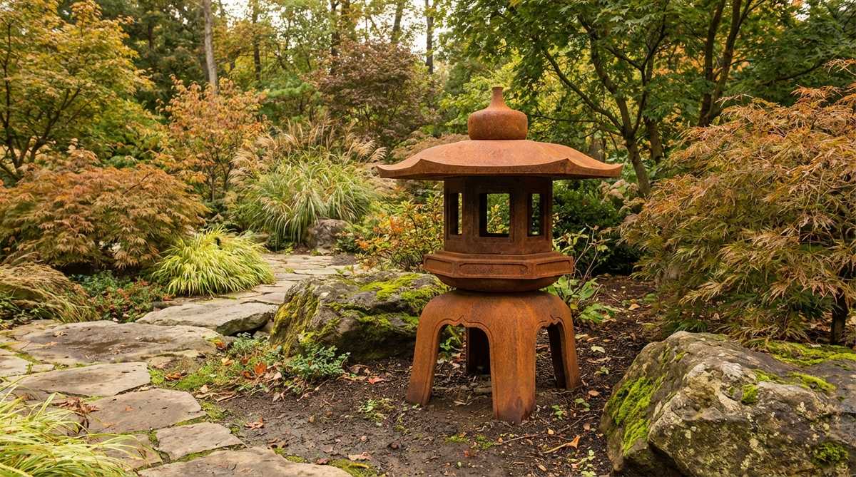 A Japanese garden lantern made from Corten steel with a distinctive rust finish, showcasing the warm orange-brown patina that develops on weathering steel. This contemporary lantern combines traditional Japanese form with modern industrial materials, perfect for transitional gardens that blend classic and contemporary design elements. The rust tones harmonize beautifully with autumn foliage and natural stone elements.