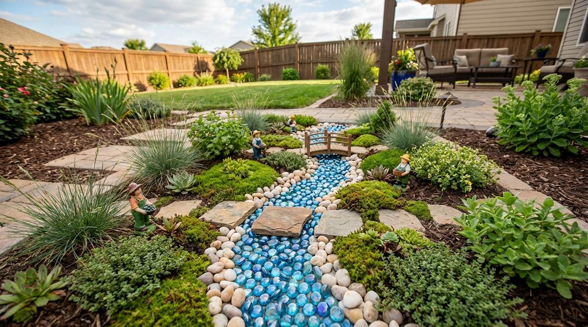 A detailed miniature garden scene featuring a creek made from blue glass beads or light-colored pebbles, with flat stepping stones crossing it. Low ground covers and taller plants line the banks, creating a winding effect, and miniature figures add scale. This layout guides viewers through the composition, ideal for DIY garden decor.