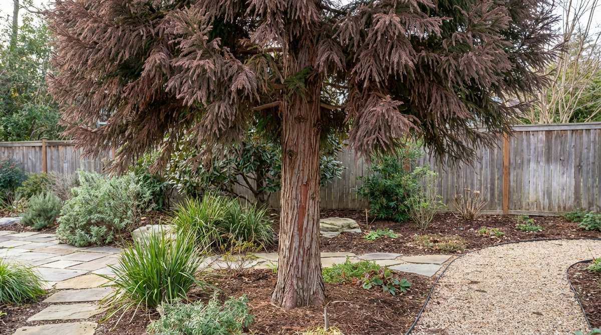 Cryptomeria japonica, Japan's national tree, showcasing its distinctive pyramidal form with soft evergreen foliage that turns bronze-purple in winter. The straight, tapering trunk and reddish-brown peeling bark create strong vertical elements in Japanese garden compositions.