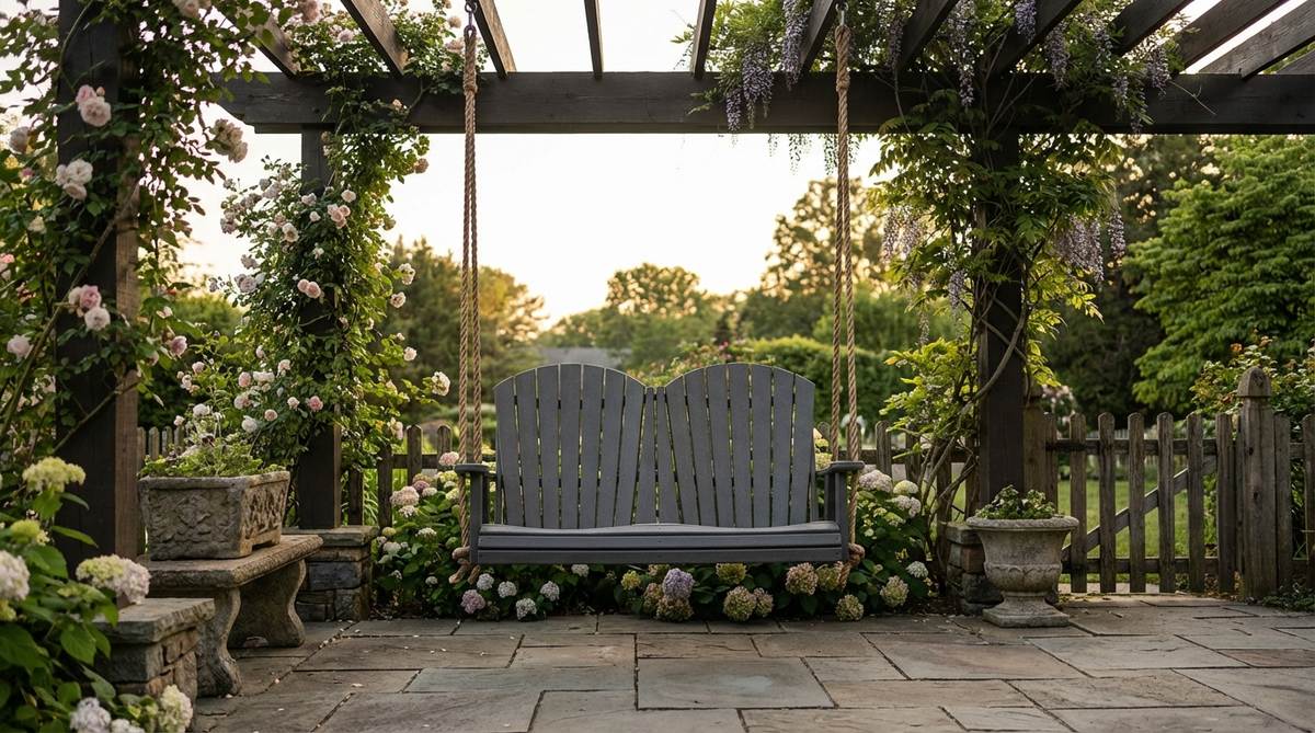 A curved back loveseat swing made from durable poly lumber, featuring contoured backrests that embrace two people for intimate seating. The swing has built-in UV protection to maintain vibrant colors without fading, perfect for hanging from reinforced porch beams or pergola structures in cottage gardens and traditional landscapes. Ideal for evening conversations and stargazing.
