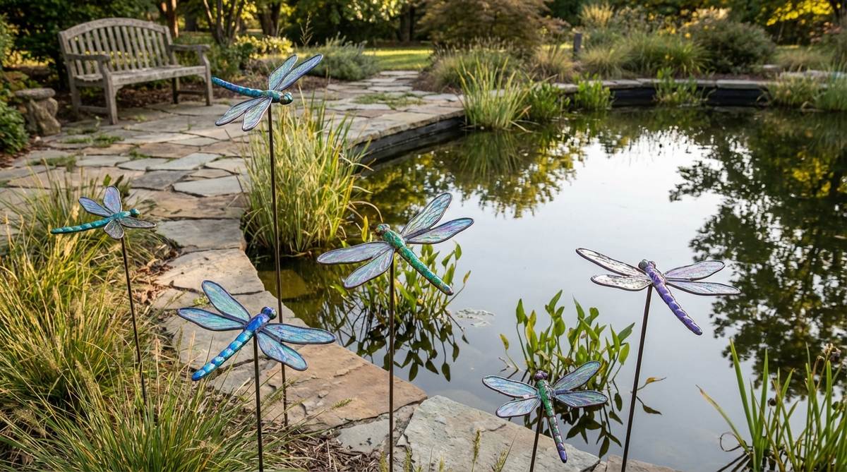 Metal dragonfly garden stakes with delicate wing details and iridescent paint or glass accents, positioned at varying heights near water margins to create hovering illusions and add dimension to pond landscapes.