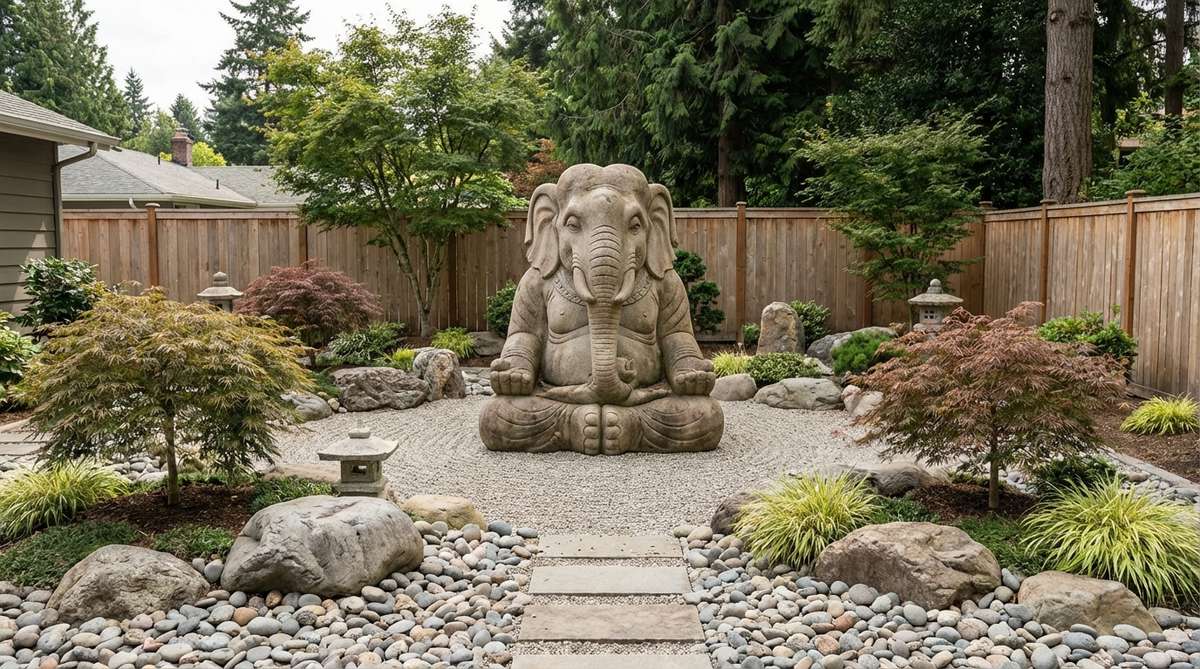 A stone elephant sculpture in a meditation pose, symbolizing wisdom and patient strength in Buddhist tradition. This substantial sculpture serves as a commanding focal point in a zen garden, combining animal and Buddha statue elements to reinforce themes of mindful awareness for all sentient beings.