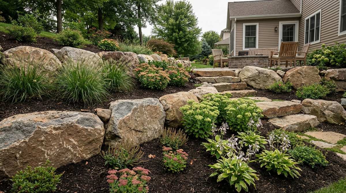 A garden design technique using large boulders embedded across slopes to create terraced planting areas for erosion control. Shows boulders positioned perpendicular to slope with soil backfill forming planting pockets, with deep-rooted perennials growing in terraces to stabilize soil.