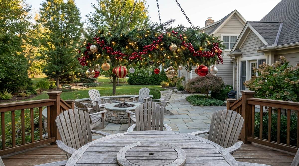 A circular evergreen branch chandelier suspended horizontally with garland, lights, and ornaments, creating layered Christmas decoration for balcony seating areas or tables.