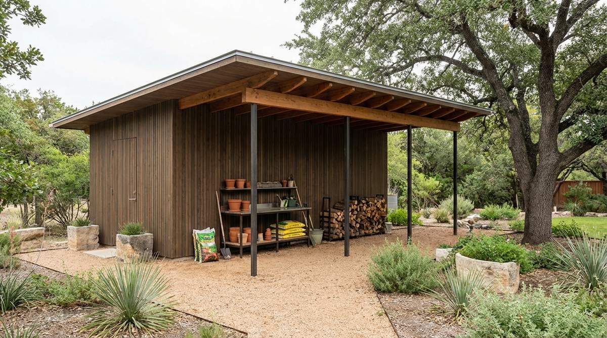 A modern garden shed with an extended eave covered porch, featuring a roof overhang of 4-6 feet beyond the wall, supported by slender steel posts or timber columns spaced 6-8 feet apart. This design creates a sheltered outdoor workspace for potting, tool maintenance, and weather protection, blurring boundaries between inside and outside, and transforming the shed into a functional garden pavilion.