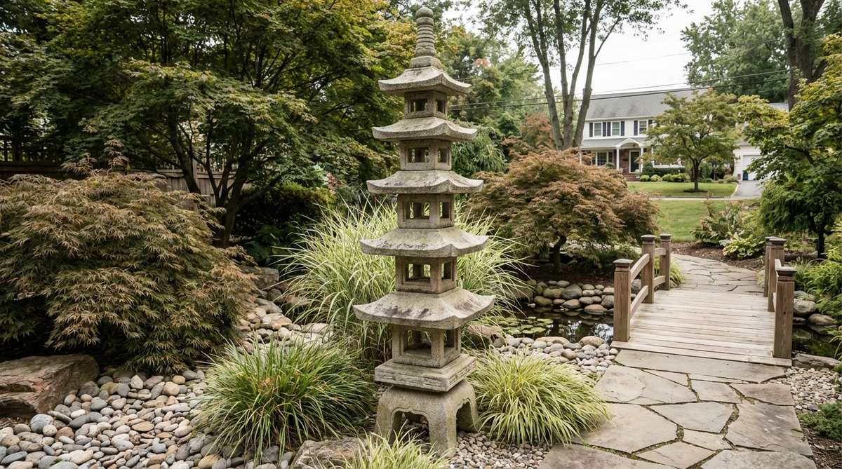 A tall stone garden lantern combining lantern function with pagoda form, featuring five graduated roof levels ascending a central post. Each tier contains fire box openings, creating vertical light columns for dramatic focal points in larger gardens, suitable for Asian fusion landscapes blending Japanese, Chinese, and Korean design elements.