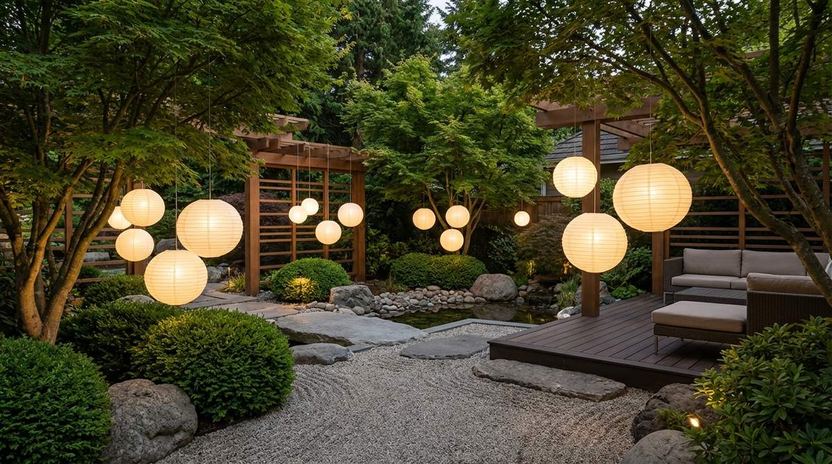 Spherical LED lanterns floating at various heights in a modern Japanese garden, creating magical evening ambiance with minimal visible support structures. The lanterns are clustered in odd-number groupings at staggered heights, with battery-powered versions eliminating visible wiring for clean, flexible placement.
