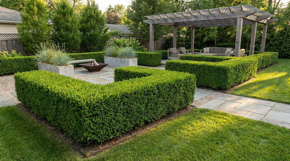 A tightly clipped evergreen boxwood hedge defining spaces and creating green architecture in a modern garden, with uniform geometric form and crisp edges, maintained at 18-36 inches tall for clear boundaries.