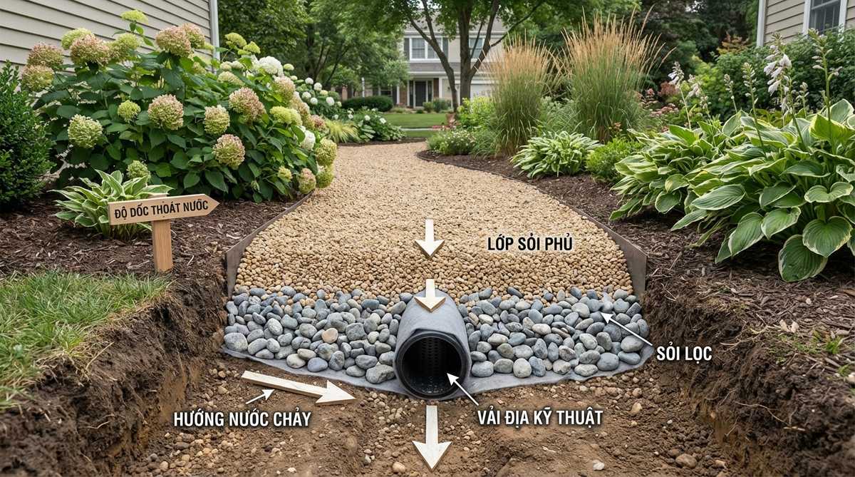 A detailed diagram showing a French drain integrated into a gravel garden path construction. The illustration depicts the excavation layers with perforated pipe wrapped in filter fabric, surrounded by washed stone, and topped with gravel. Arrows indicate water flow direction and proper sloping for drainage to prevent path washout in damp areas.