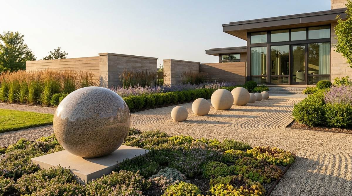 A polished stone sphere sculpture, showcasing pure geometric form as a focal point in a garden setting. It contrasts with rectangular architecture and linear garden beds, positioned on a minimal plinth or nestled in groundcover to invite touch. Multiple spheres in graduating sizes create rhythmic sequences along pathways, highlighting the interplay of smooth surfaces and natural surroundings.