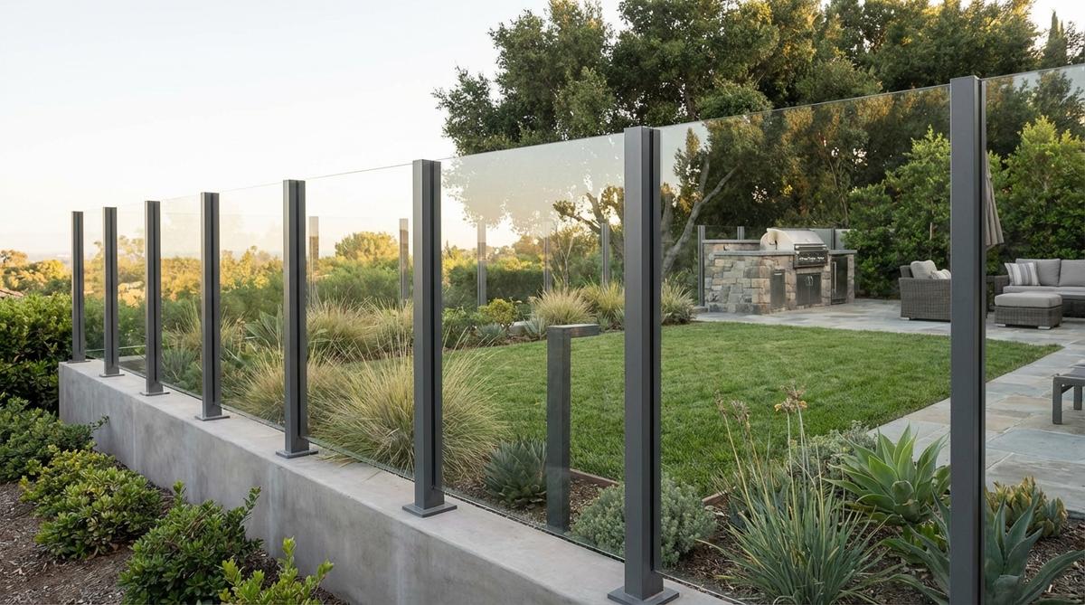 A modern glass panel and aluminum post fence in a small garden, featuring frameless tempered glass panels that maintain clear views and allow light penetration, with sleek aluminum posts providing minimal structural support. Ideal for contemporary properties with attractive vistas, this premium fencing option establishes boundaries without obstructing sightlines or plant growth.