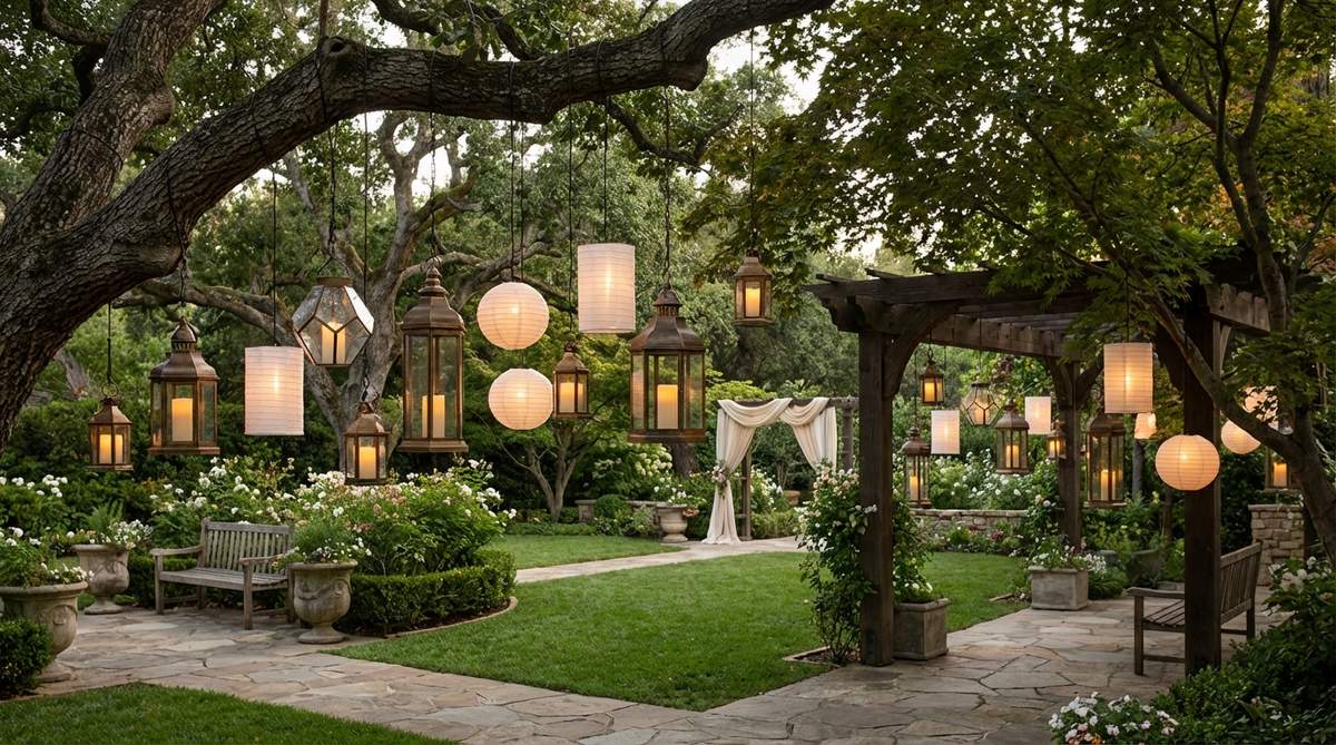 Paper, metal, and glass lanterns suspended at staggered heights from tree branches or structural frames, creating layered lighting effects with battery-operated LED candles. Grouped in odd-numbered clusters with varied drop lengths to avoid rigid uniformity, producing soft diffused glow rather than focused beams. These hanging lanterns serve as both daytime decor elements and evening illumination for outdoor wedding settings.
