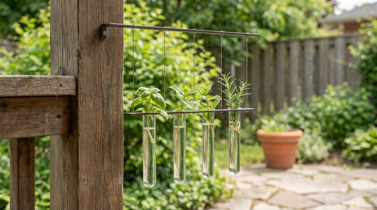 A minimalist hanging test tube herb propagation rail with slender glass tubes suspended from a narrow rail, holding basil, mint, and rosemary cuttings in water. This airy botanical installation is perfect for small kitchen walls or balcony posts in a mini herb garden setup.