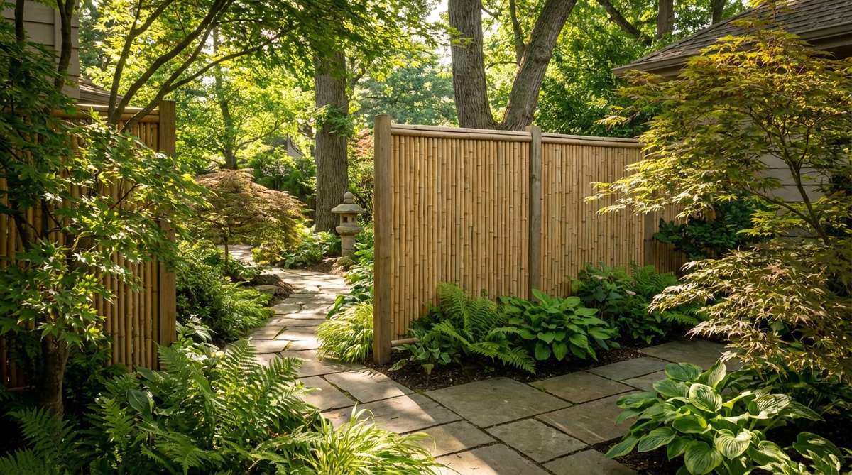 A bamboo screen partially concealing a garden path, illustrating the hide-and-reveal technique in Japanese garden design where strategic screening creates mystery and encourages exploration.