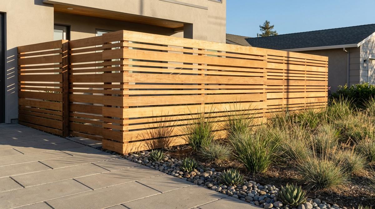 A contemporary horizontal slat fence screen installed in a small front garden, featuring cedar or composite slats with intentional gaps for partial privacy. The alternating slat spacing creates dynamic shadow patterns that change throughout the day, framing the yard as an outdoor room with clean lines that complement minimalist plantings.