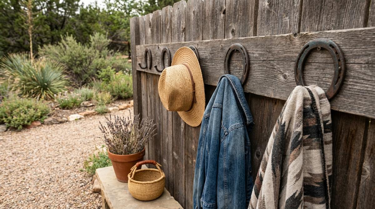 Forged iron horseshoe coat hooks mounted on a wall, showcasing western boho decor. The functional design features curved hooks that securely hold coats without snagging fabrics, ideal for mudrooms or bedroom entries.