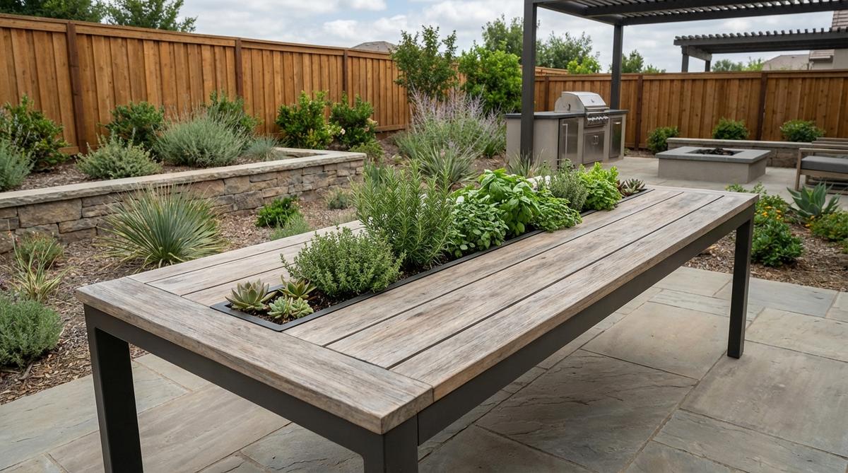 A contemporary rectangular dining table featuring a built-in planter channel down the center, planted with herbs or succulents, ideal for blending dining and gardening in modern outdoor settings.